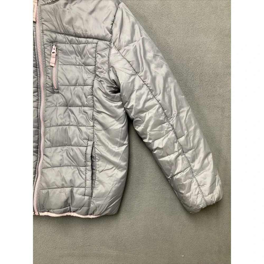 Eddie Bower Puffer Jacket Girls L 14/16 Grey Pink Zip Hooded Warm